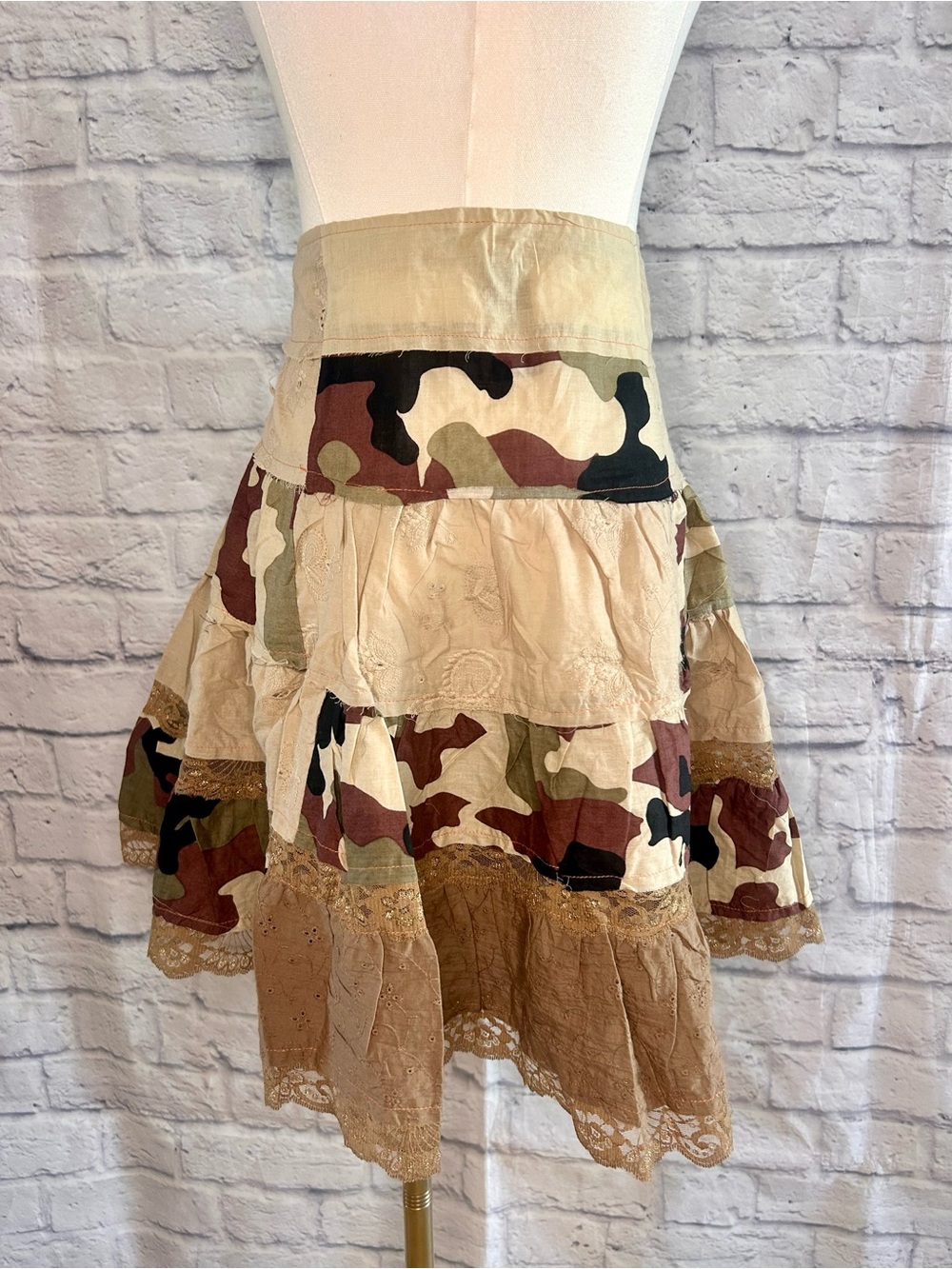 Y2K Patchwork Skirt Lace Sequins Camo Eyelets Tie Up Corset Waist Grunge Boho - Picture 10 of 11